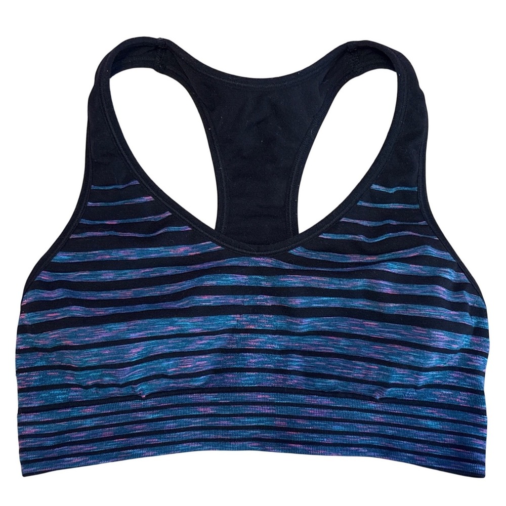 C9 by Champion Womens Black Blue Striped Racerback Sports Bra, Medium